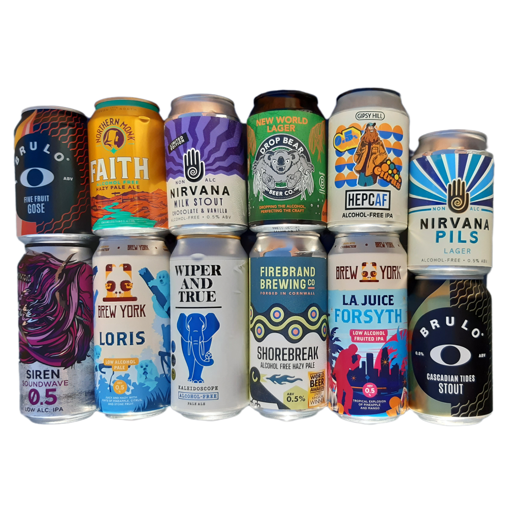 Assorted no alcoholic craft beer cans from various brands on a white background