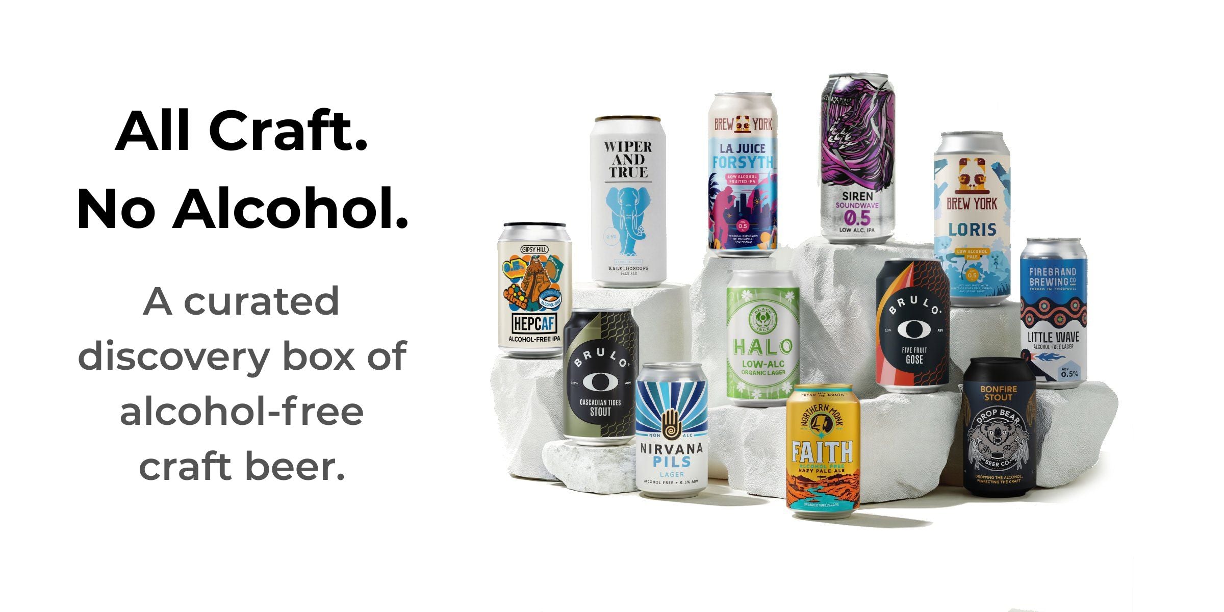 Assorted alcohol-free craft beer bottles displayed with text 'All Craft. No Alcohol.' on a white background.